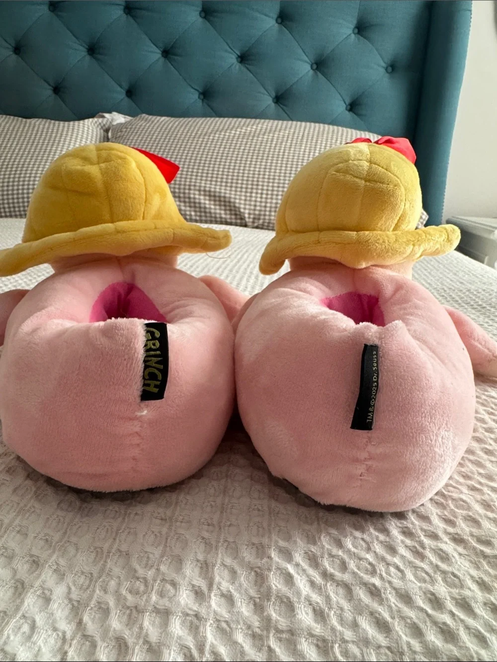 Plush Pink Cindy Lou who slippers with Yellow Hair and Red Bows